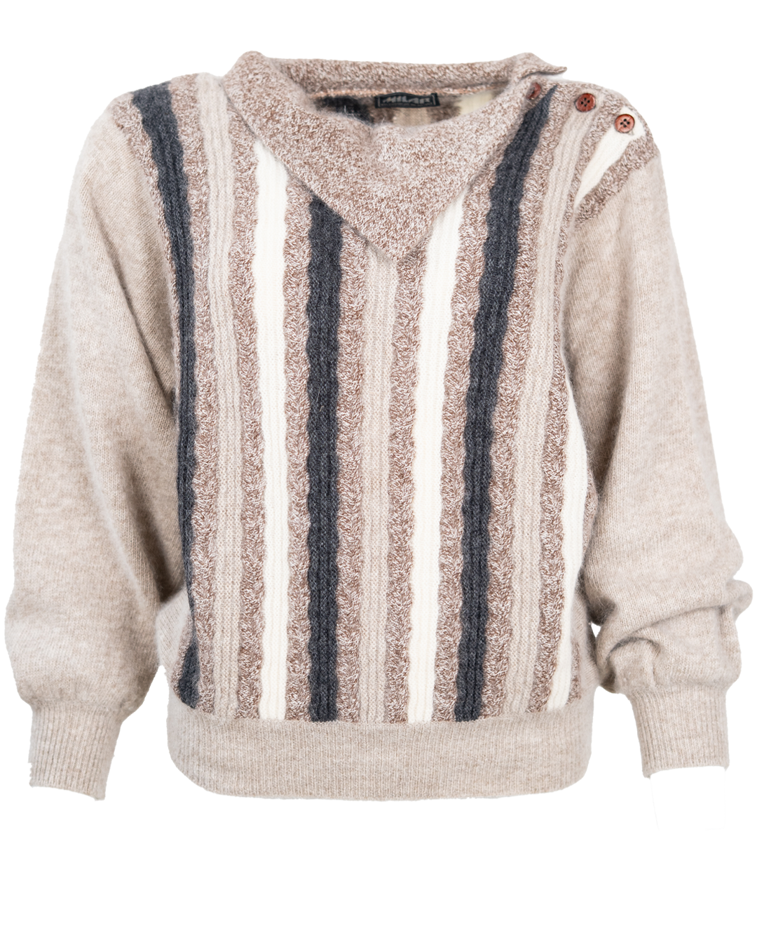 Maglione Donna Milar Beige a Righe Verticali Marrone e Antracite con Collo a Punta Vintage Anni 80