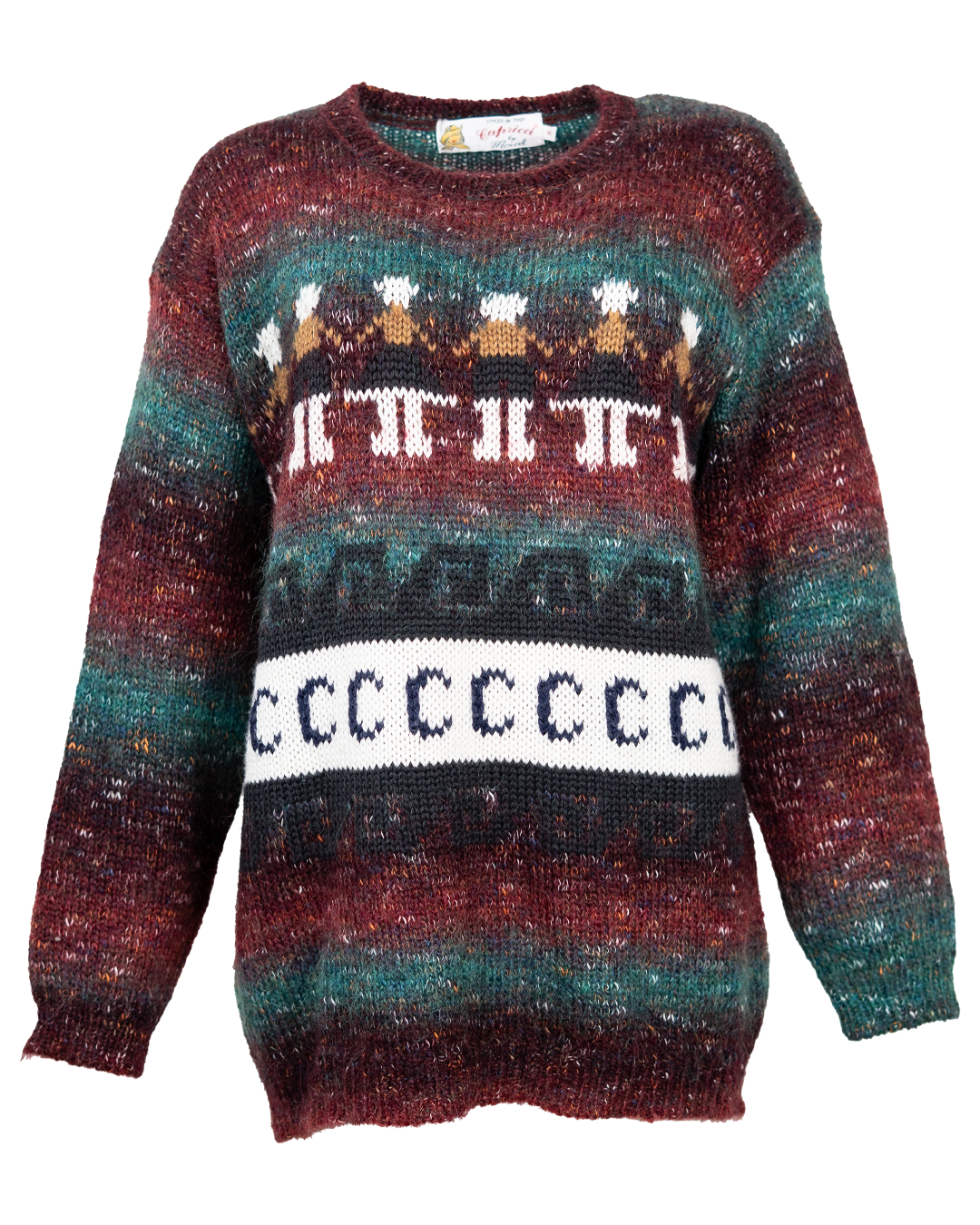Maglione Donna Capricci Vintage Anni 90 Bordeaux e Verde Petrolio Sfumato Jacquard Figure e Lettere C