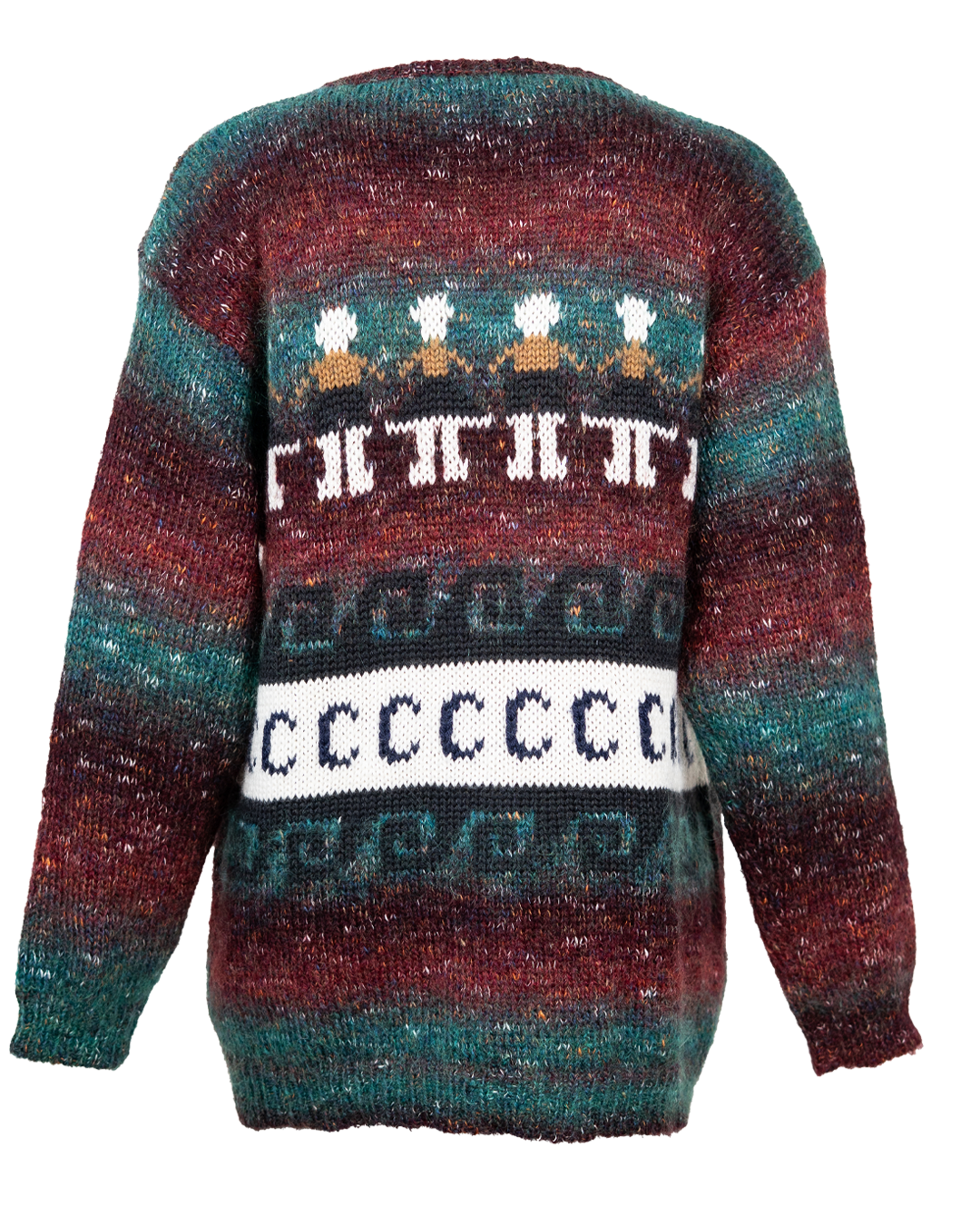 Maglione Donna Capricci Vintage Anni 90 Bordeaux e Verde Petrolio Sfumato Jacquard Figure e Lettere C - foto 2