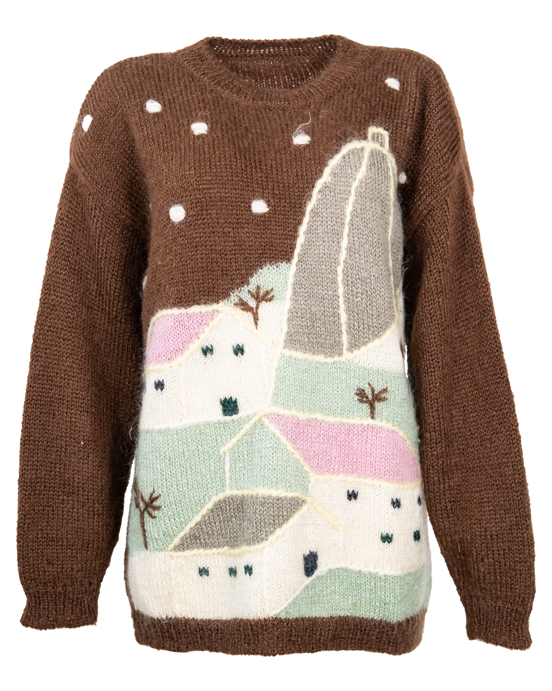 Maglione Donna Vintage Anni 80 Marrone con Intarsio Paesaggio di Villaggio Pastello e Ricami Oversize