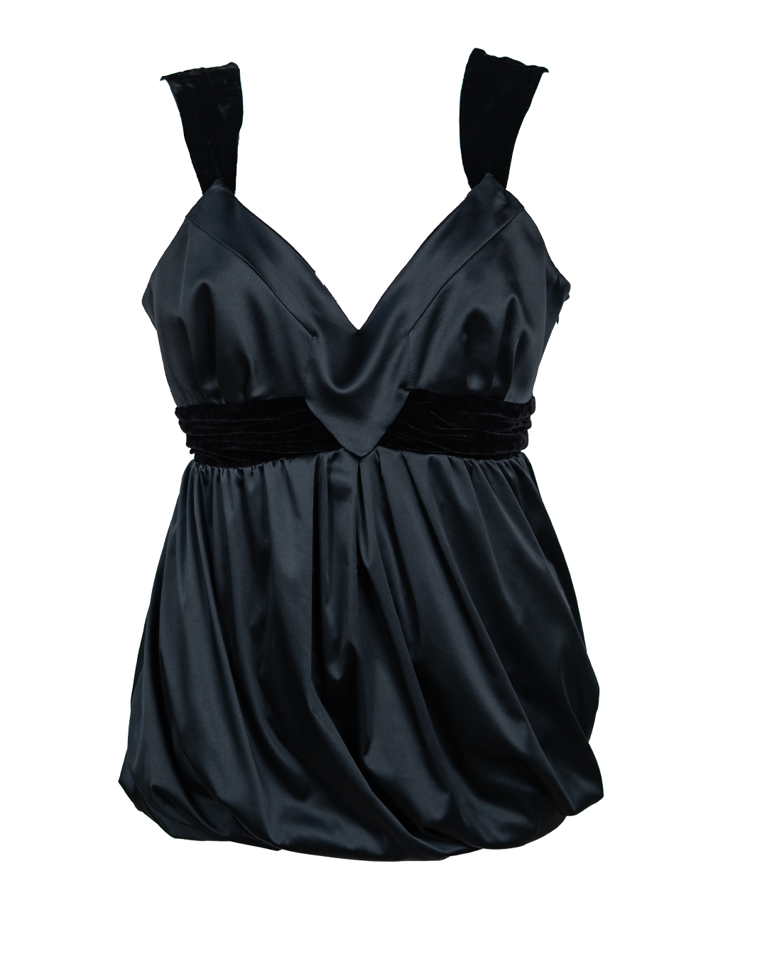 Top Donna Nero in Raso con Spalline e Fascia in Velluto Scollo a V e Orlo a Palloncino Vintage Anni 2000