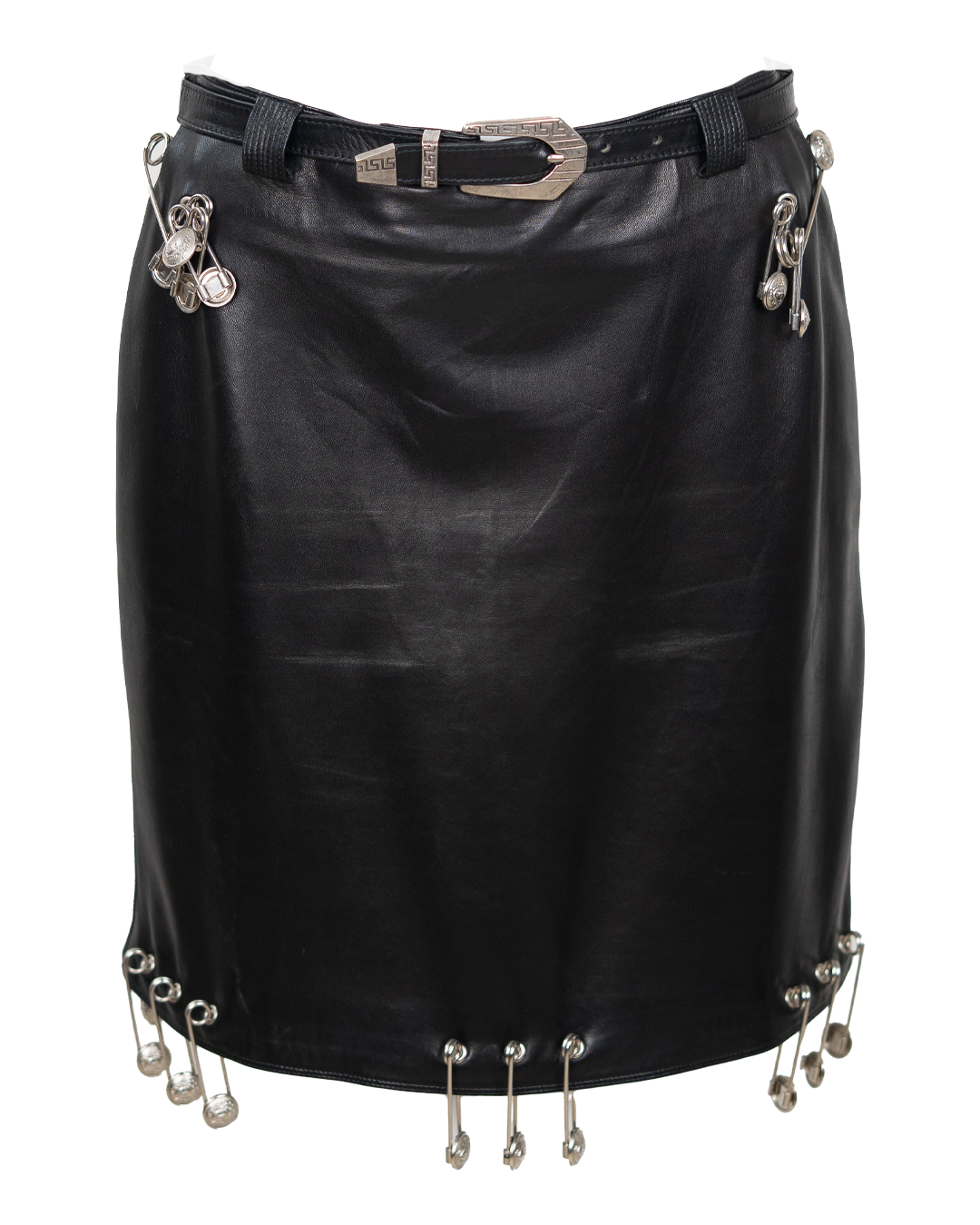 Gonna Donna Gianni Versace Vintage Anni 90 in Pelle Nera con Spille da Balia Medusa Argento Made in Italy